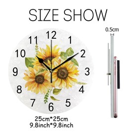 Wall Clock for Living Room Decor Sunflowers Bouquet Watercolor PVC 9.8 Inch Hanging Round Desk Clocks Silent Non-Ticking Battery Operated Easy to Read Bathroom Kitchen Office