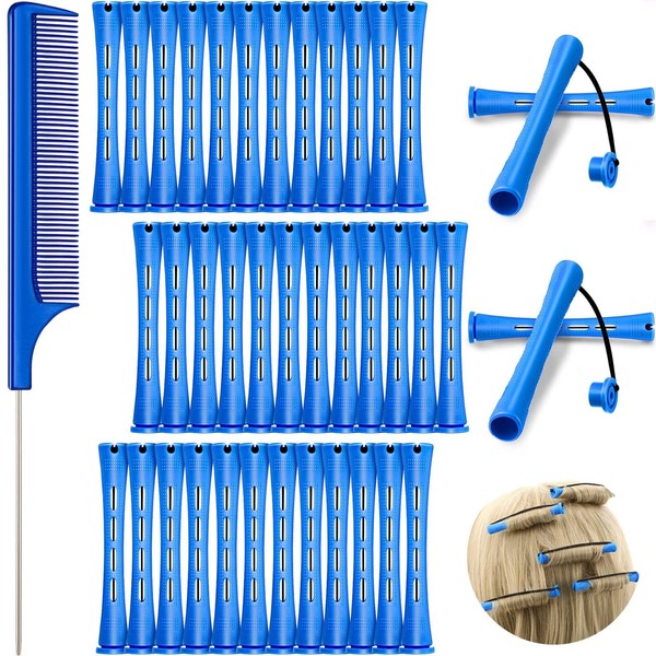 36 Pieces Cold Wave Rod Hair Perm Rods Hair Rollers Perming Rods Curlers with Steel Rat Tail Comb for Hairdressing Styling (Blue,0.35 Inch)