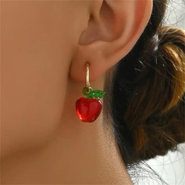 Red Fruit Drop Dangle Earrings for Women Gold Plated Acrylic Cute Funny 3D Apple Open Half Hoop Earrings Green Leaf Dangling Studs Hypoallergenic Christmas Fall Holiday Jewelry