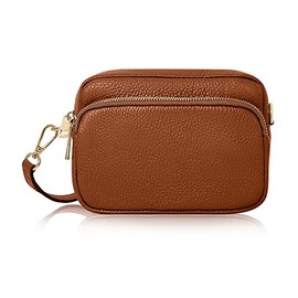 Montte Di Jinne - 100% Made in Italy - Soft Leather Women's Small Cross Body Shoulder Bag Small Camera Bag with a Pocket at Front (DARK TAN)