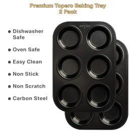 Topero Kitchenware Non Stick Baking Trays- 6 Cup Yorkshire Pudding Tray Set- Durable Carbon Steel Muffin Trays, Cupcake Tray, Buns Tray or Deep Mince Pie Baking Tray- Non Stick Oven Tray 2 Pack