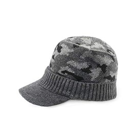 Dahlia Men's Beanie with Visor, Wool Winter Hat w/Brim, Fleece Lined, Camo Gray