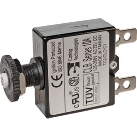 BLUE SEA SYSTEMS BS-7056 / Circuit Breaker, push-to-reset only, panel mount, DC 15 Amp, MFG# 7056, Non-switchable, thermal, 32 VDC Max. 3/8" diameter panel opening. 1.4"H x .57"W x 2.3"D. 1/4" blade quick disconnect terminals.