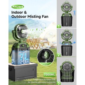 Misting fan with 7L bucket 90°Oscillating ,4 Spray Mister 25000mAh Rechargeable Camping fan with Remote Control Stepless Speed and Timer for Patios/Camping，Waterproof Design Outdoor Fans (Green)