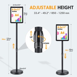 RedChili Sign Holder Stand 8.5x11 Inch, Angle Height Adjustable Floor Standing Sign Holder for Display Heavy Duty Metal Poster Signage Stand With Snap-Open Aluminum Alloy Frame For Malls Schools Restaurants (Black, Round Corner)