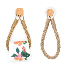2 Pcs Hemp Rope Tissue Holder Hole-Free Rustic Wall-Mounted Rope Toilet Paper Holder Self-Adhesive Solid Wood Combination Roll Paper Holder