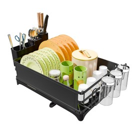 Simple Trending Dish Rack, Steel Dish Drying Rack for Kitchen Counter, Dish Drainer with Cutlery Holder for Large Capacity, Dish Drying Rack with drip Tray, Black