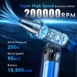 WHATOOK Elektrische Staubgebläse Luftdruckspray, Ultrastark 3-Gang 200000 U/min, Metallische Druckluft Compressed Air Duster mit 10000mAh Akku,Reinigungsbürste und USB Schnellladung, für PC Reinigung