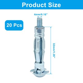 Jiozermi 20 Pcs M4x32mm Molly Bolts, Heavy Duty Hollow Wall Anchors Zinc Plated Steel Drywall Anchor Kit for Plaster, Drywall, TVs, Curtain Rods, Mirrors, Towel Racks, Photo Frames