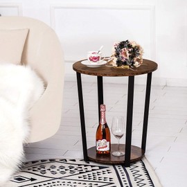 GOOD & GRACIOUS Round End Side Table with Storage Shelf for Living Room Sofa Couch End Tables with Sturdy Metal Frame Bedside Accent Table with Metal Frame for Small Spaces, Bedroom, Brown