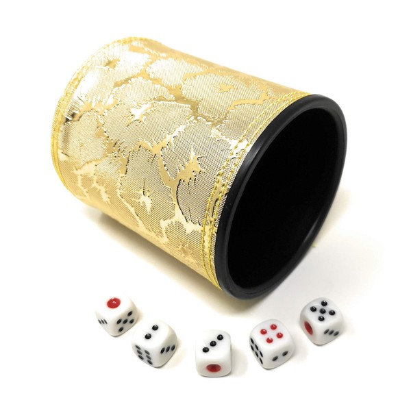 Thy Collectibles Dice Cup with 5 Dices, PU Leather Professional Dice Shaker Cup Set for Yahtzee/Craps/Backgammon or Other Dice Games Golden