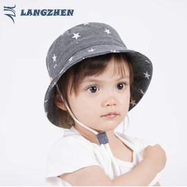 LANGZHEN Sun Protection Hat for Kids Toddler Boys Girls Wide Brim Summer Play Hat Cotton Baby Bucket Hat with Chin Strap - Blue - 3-6 Months