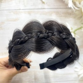 SLTXLNXH Wide Messy Braided Headband With Teeth Synthetic Hair Plaited Headband High Elasticity Braids Fishtail Braided Hair Band Hairpiece for Girls Women (Single strand black brown)