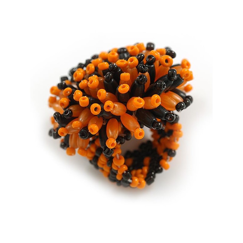 40mm Diameter/Black/Orange Acrylic/Glass Bead Daisy Flower Flex Ring - Size