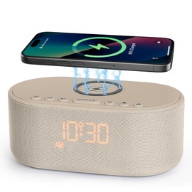 Odokee Sound Machine Alarm Clock for Bedrooms: Bluetooth 10W Stereo Speaker with Wireless Charging - White Noise Machine for Sleeping with 21 Soothing Sounds - Putty