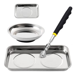 Rechabite 3 Pieces Magnetic Trays with 8LBs Telescoping Magnetic Pick-up Tool Set, 9.5" and 3.7" Rectangle, 6" Round Bowl Stainless Steel Magnet Parts Tray for Screws, Mechanic's