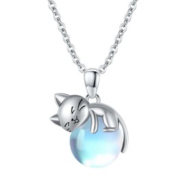 Vadmans Cat Necklace Sterling Silver Cat Pendant Rose Quartz Moonstone Animals Jewellery Gifts for Women Cat Lovers, Sterling Silver, No Gemstone