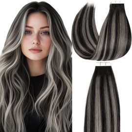 Loxxy Invisible Tape in Hair Extensions Human Hair Remy Ombre Natural Black to Silver Grey Mixed Black Balayage Tape in Extensions Human Hair Thick End Straight 50G 20Pcs 14Inch R1B/Silver/1B