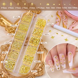 1320Pcs 3D Star Nail Charms, Gold Multi-Shapes Metallic Nail Art Gems and Small Round Caviar Beads, Bedazzling Craft Jewels Nail Rhinestones Accessories Manicure Decor with Tweezers and Pick-up Pencil