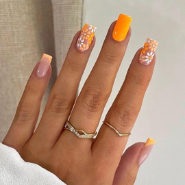 MISUD Press on Nails - Short Square Fake Nails with Orange Flower, Acrylic French Tip Design 24 pcs