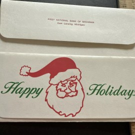Vtg Christmas Card UNUSED Money Santa Window First National Bank Michigan W/env