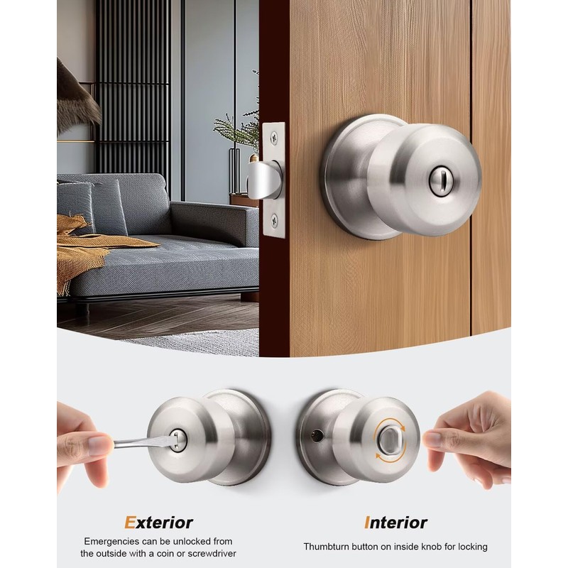 Probrico 10 Pack Brushed Nickel Door Knob Without Key Privacy