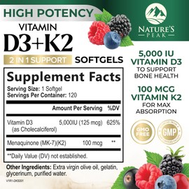 Vitamin D3 K2 Supplement | 5000 IU Vitamin D3 & 100 mcg Vitamin K2, 2 in 1 Vitamin D with K2 Complex Softgels, Support Immune, Heart, Joint, Teeth & Bone Health, Easy to Swallow, Non-GMO, 120 Softgels
