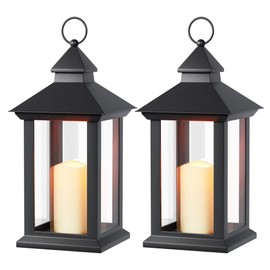 Lanterns Decorative Outdoor & Indoor - 2 Pack Black Candle Lantern, 13.3in Waterproof LED Lantern for Patio & Porch, Battery-Powered Hanging Vintage Lantern with Timer for Weddings, Transparent