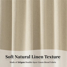 KangBang Boho Blackout Linen Curtains 96 Inch Length 2 Panels, Back Tab Drapes for Living Room Guestroom, Rod Pocket Hook Belt Room Darkening Classy Curtains 52Wx96L, Natural Beige
