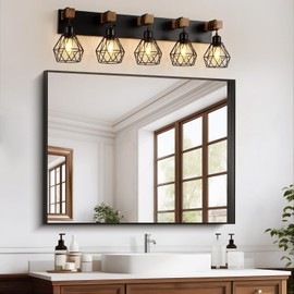 5-Light Farmhouse Bathroom Vanity Light Fixtures, Wood Bathroom Light Fixtures Over Mirror, Rustic Sconces Wall Lighting with Elegant Metal Lampshade for Living Room, Bedroom, Hallway