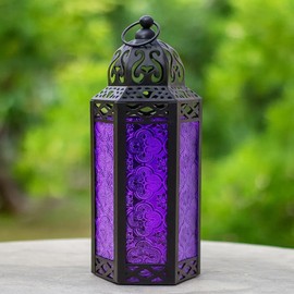 VELA LANTERNS 10.5" Moroccan Lamp Lantern Decorative Candle Holder for Indoor Outdoor Home Decor, Patio, Weddings, Ramadan Decorations, Black Metal, Purple Glass, Medium, Set of 3