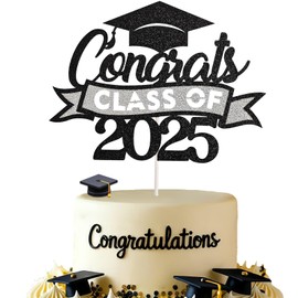 EMORBALS Graduation Cupcake Toppers 2025, Class of 2025 Cupcake Toppers, Glitter Graduation Cupcake Decorations(Black&Silver)