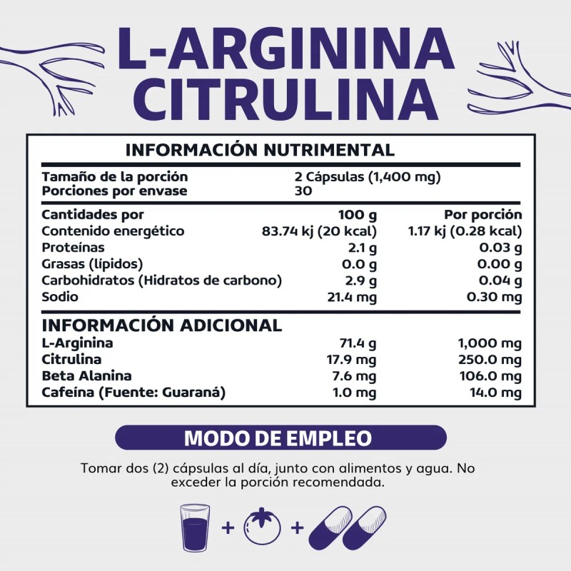 L - Arginina 1000mg Citrulina Beta Alanina Cafena (de Guaran)