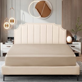 Ersmak Satin Fitted Sheet Only, Luxury Silky Queen Fitted Sheet Ultra Soft Deep Pocket Bottom Sheet, Wrinkle & Fade Resistant - Beige