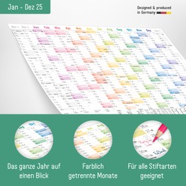 Häfft XXL Wall Calendar 2025 Large A1+ (63 x 89 cm) "Rainbow" 15 Months Nov 2024 - Jan 2026 + Free A4 Year Planner, Wall Planner Annual Calendar Folded - Sustainable and Climate Friendly