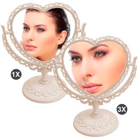 JD005 - Espejo en forma de corazón giratorio de doble cara, decoración de habitación, espejo de princesa, espejo de maquillaje para computadora, baño, recámara, espejo, beige, JD005