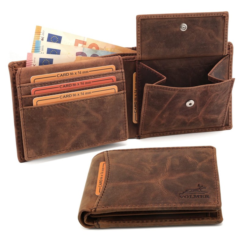 Fa.Volmer® Men's Leather Wallet, Used Look with RFID Protection, Brown
