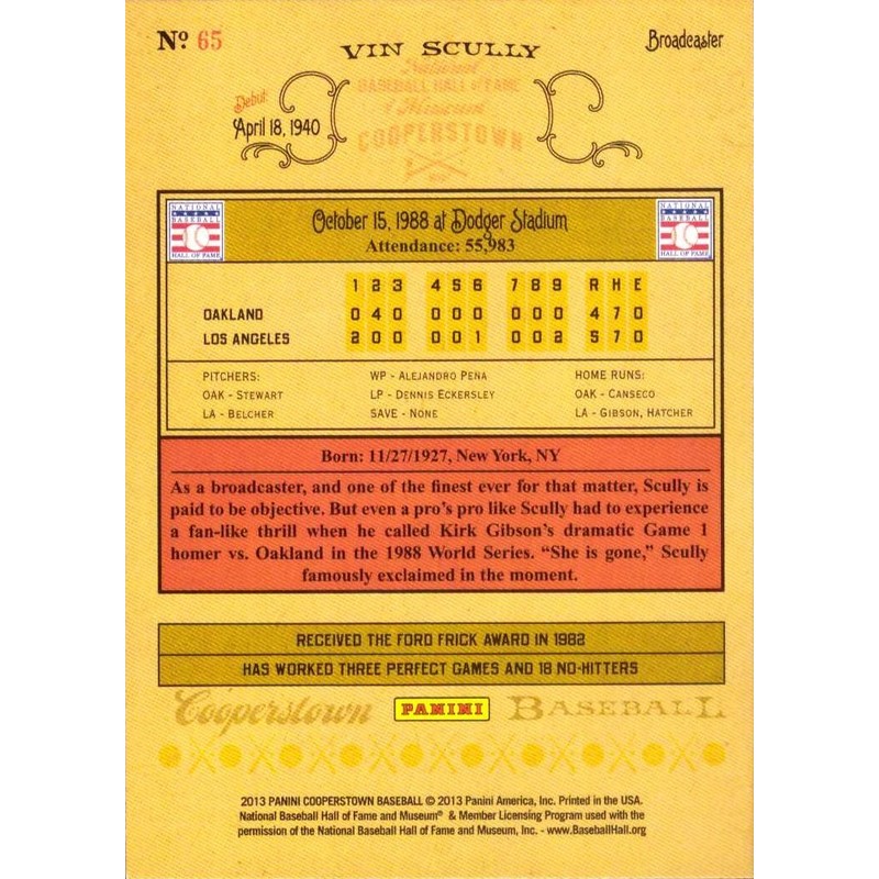 2013 Panini Cooperstown Baseball Card #65 Vin Scully MINT