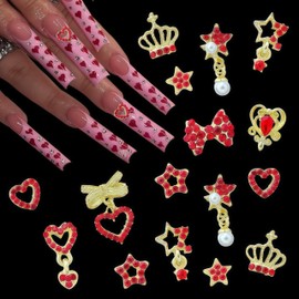 60PCS Nail Charms and Gems Red Rhinestones for Nails Design，3D Heart Star Crown Bow Y2k Nail Jewels Bulk Nail Art Decor Set