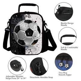 7-Mi Portable Kids Lunch Box Bag, Reusable Insulated Lunch Tote for Kids Boys Girls Washable Crossbody Lunch Container Food Carrier, Football