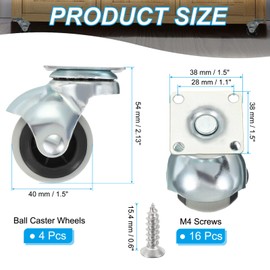 PATIKIL 1.5 Inch Ball Caster Wheels, 4 Pack 360° Rotating Swivel Top Plate Wheels Total Capacity 298 lbs Caster with M4 Screws for Furniture Table Cabinet Gold
