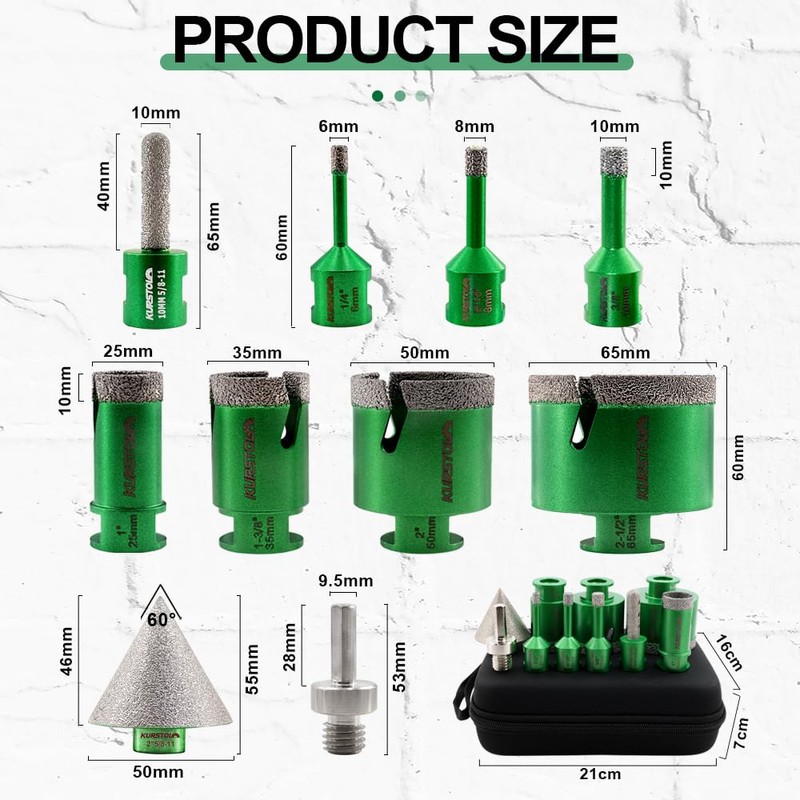 KURSTOL Diamond Core Drill Bits Kit - 10pcs 6/8/10/25/35/50/65mm+2" Beveling