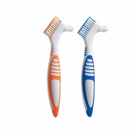 Denture Cleaning Brushes 2-Pack with Dual-Angle Heads - Soft Nylon Bristles & Ergonomic Grip, Travel Brush Kit for Seniors (Orange/Blue) | Denture Care Essentials, Heartwarming Gift for Elderly