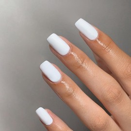 Matte White Press on Nails Short Medium Square Glue on Nails Set,Xcreando Summer Square Fake Nails Short Coffin Nails Press ons Gel Nails Medium Length False Nails For Women 24 Pcs