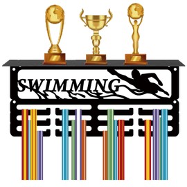 CREATCABIN Swimming Medal Holder, Trophy Rack, Medal Hanger, Display with Shelf Stand, Small Sports, 4 Rows, Wall Mount for Men, Swimming, Running, Swimming, 29 x 13 x 10 cm, Black