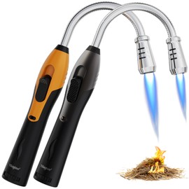 YZLighter Butane Lighter Torch Long Lighter Refillable Lighter Windproof with Visual Fuel Window Flexible Extra Long Torch Lighter for Fireplace Candles (No Butane Included) (Black + Orange, 2 Pack)