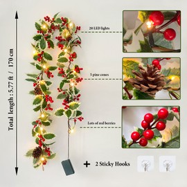 Red Berry Holly Leaf Garland Christmas Decoration with Pinecones 20 Lights Timer 5.77ft Artificial Xmas Indoor Outdoor Garden Door Fireplace Flexible for Home Holiday New Year Decorations
