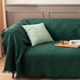 sufacto Sofa Cover for 3 Cushion Couch, Sectional Couch Cover Washable, Geometrical Jacquard Futon Couch Covers Protector for Dog, Decorative Sofa Covers with Tassels, Large, 71"x102", Dark Green