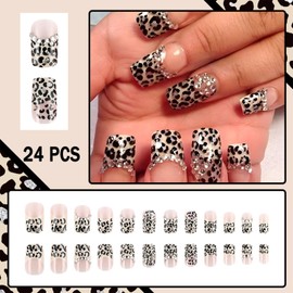 Leopard Print French Tip Press on Nails Medium Square Fake Nails with Silver Rhinestone Glitter Designs False Nails Glossy Full Cover Acrylic Glue on Nails for Women Manicure Nail Decoration24Pcs