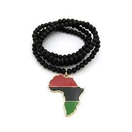 Fashion 21 Pan African Colored Africa Map Pendant 6mm 30" Wooden Bead Necklace in Gold Tone (6mm 30" Wooden Bead)